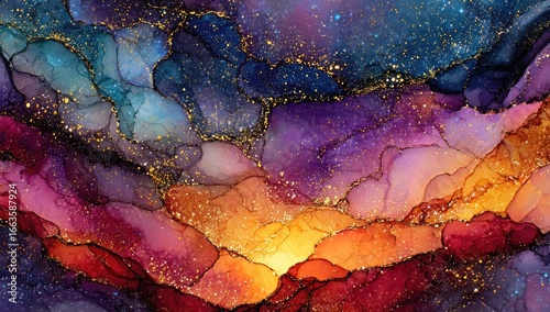 Abstract fluid art, swirling colors and gold shimmer