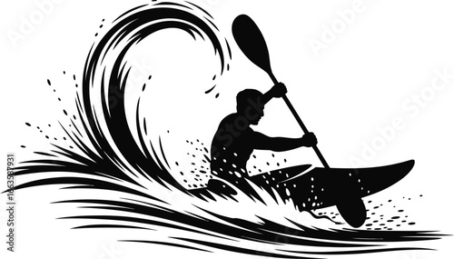 Silhouette of a kayaker riding a crashing wave with a paddle