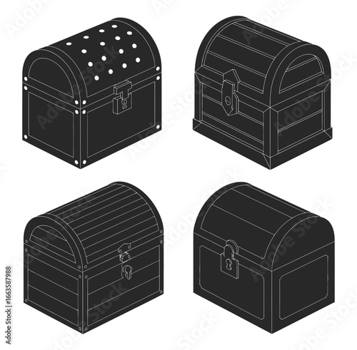 Vector art of four unique treasure chests, each displaying a distinct design and style of antique wooden boxes for storing valuables and secrets