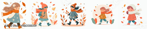 vector of a little girl walking in autumn