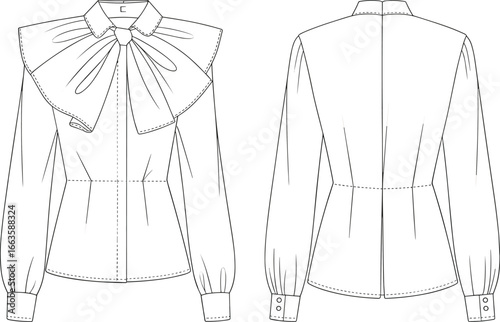 Ruffle Front Blouse CAD Drawing – Flat Vector Fashion Illustration with Puff Sleeves, Button-Down Placket, and Garment Sketch Views