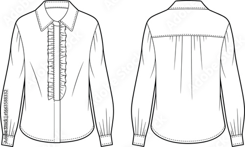 Ruffle Front Blouse CAD Flat Sketch – Long Sleeve Fashion Design with Back Yoke and Technical Vector Illustration