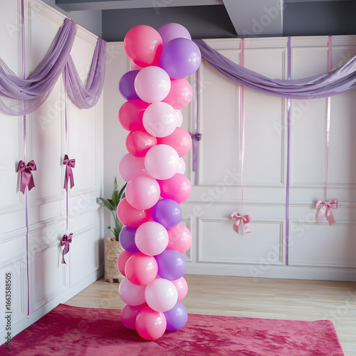 Multicolored balloons in the shape of a spiral column in the room.