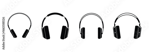 Vector art of a minimalist collection of headset designs, showcasing various ear cup styles and headband configurations for personal audio enjoyment