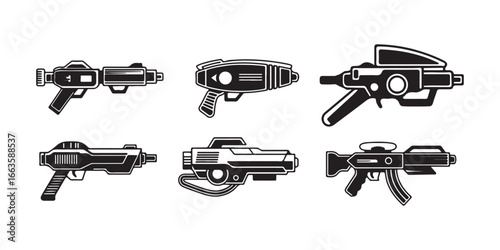 Collection of six futuristic sci fi laser guns and ray guns in a graphic illustration style