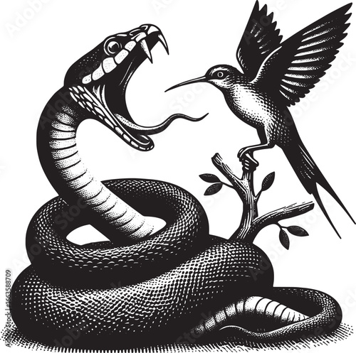 Intricate Black and White Illustration of a Snake Confronting a Hummingbird on a Branch