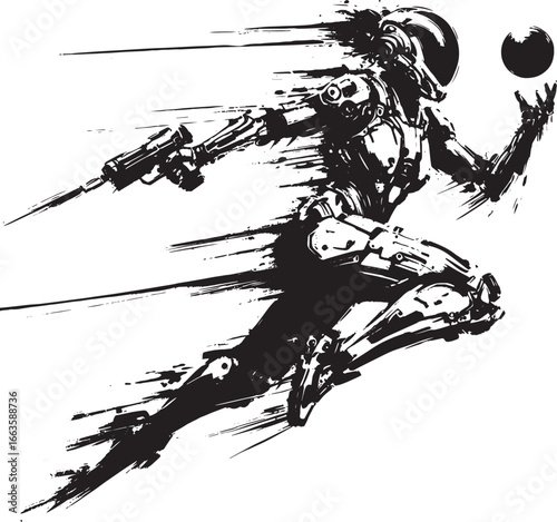 Dynamic Black and White Illustration of a Futuristic Space Soldier in High-Speed Action