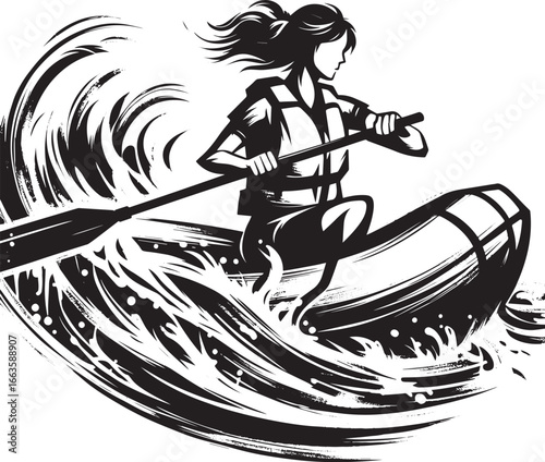 Determined woman rowing raft through rapids in minimalist sumi-e