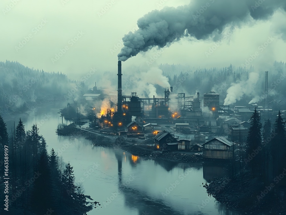 Fototapeta premium Polluted industrial village surrounded by a smoky factory in a gloomy winter landscape