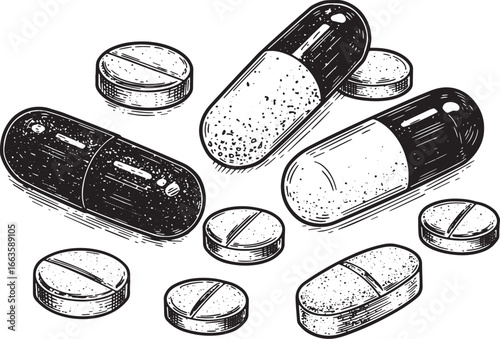 Monochrome Illustration of Pharmaceutical Pills and Capsules for