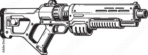 Stylized Plasma Rifle Illustration with Intricate Details in Bla