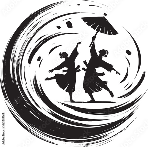 Elegant brushstroke representation of traditional dancers in a w