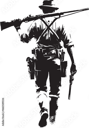 Monochrome artwork featuring a hunter with rifles in Sumi-e styl