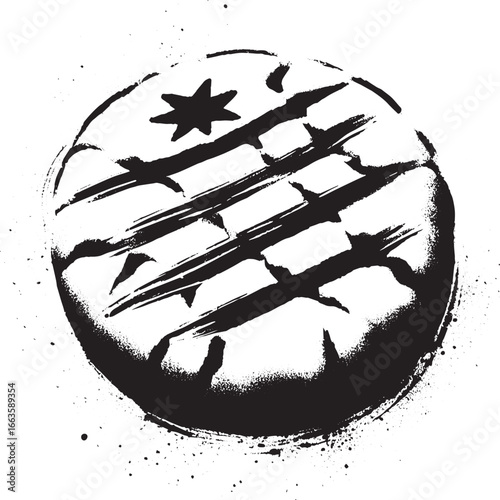 Minimalist sumi-e illustration of australian damper bread with t