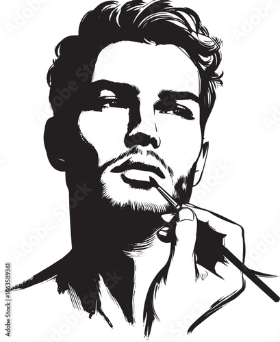 Monochrome portrait of a man applying lip color with delicate br