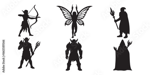Collection of fantasy creature silhouettes including elves archers wizards and fairies