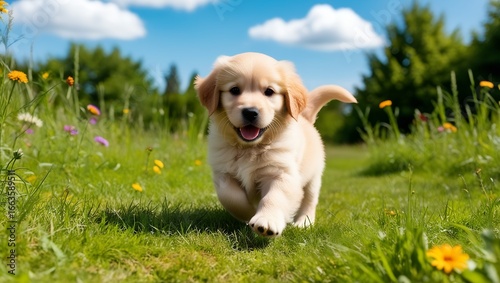 Fluffy baby golden retriever at 8 weeks, exploring the outdoors with curious eyes, tiny paws moving through the grass