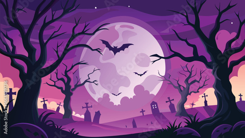 Spooky halloween scene with a full moon and silhouetted elements