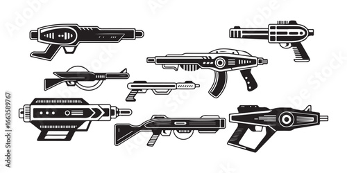 Collection of futuristic sci fi ray guns and blasters in black and white illustration