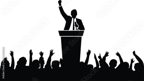 Silhouette of a confident speaker with raised fist addressing an enthusiastic crowd