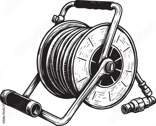 Monochrome Garden Essential: Intricate Hose Reel Illustration on