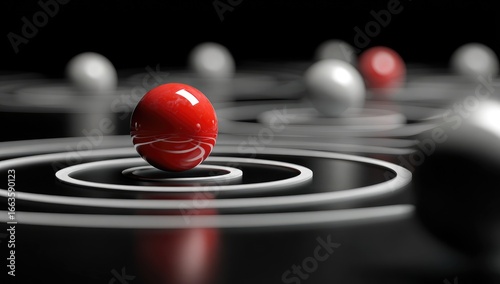 A single red sphere positioned centrally within concentric circles, surrounded by several white spheres