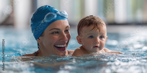 The joyful moment of a mother swimming with her baby in a pool.