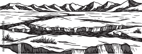 Monochrome illustration of a desolate arctic landscape in woodcu