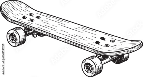 Detailed woodcut illustration of a skateboard with visible wood