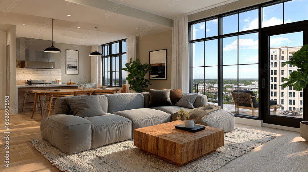 Naklejka premium Open space living room and kitchen interior with large windows, TV wall, gray sofa, dining table and hardwood flooring. Modern design solution, 3d rendering