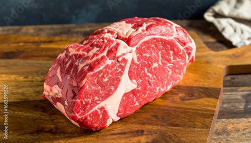 A sizable, raw prime rib roast, rich in color and texture, sits on a wooden cutting board.