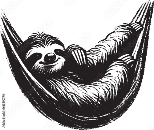 Black and white illustration of a smiling sloth relaxing in a hammock for a peaceful feel