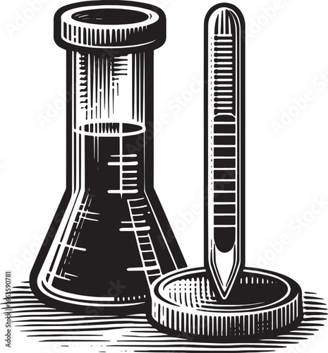Illustration of laboratory equipment including a flask and a pipette for scientific experiments