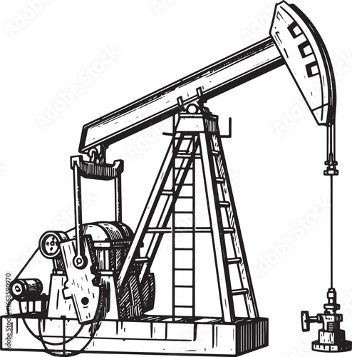 Oil pump jack in detailed woodcut style, black and white illustr