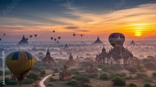 Sunrise over Bagan Myanmar featuring hot air balloons and ancient temples amidst a misty landscape