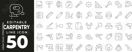 Handyman and Workshop set of web icons in line style. Tools and construction linear icons collection. Containing hammer, screwdriver, drill, spanner, axe, chisel, ruler, saw, construction, wood