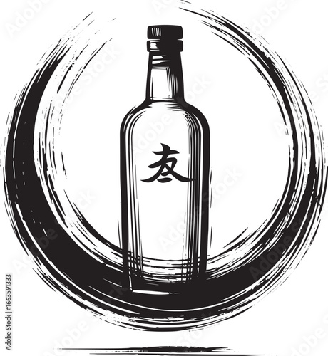 Minimalist sumi-e illustration of a vodka bottle with Japanese c