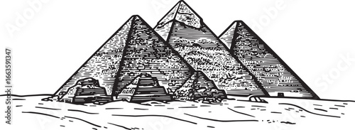 Ancient Echoes: Monochrome depiction of Giza Pyramids in classic