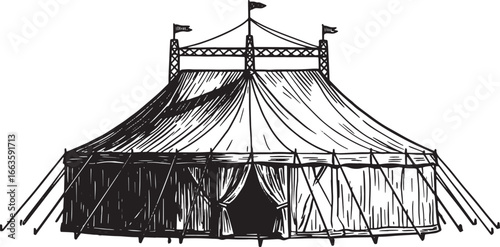 Vintage Circus Tent Woodcut Style Illustration, Isolated, in Bla