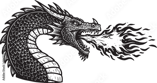 Fierce Fire-Breathing Dragon Illustration in a Bold Woodcut Styl