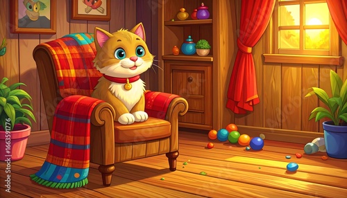 A cheerful orange cat sits contentedly in a wooden armchair, draped in a plaid blanket, in a warm, sunlit room with colorful toys scattered on the floor.