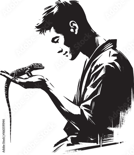 Harmonious encounter: Man's gentle hand presenting gecko in mono