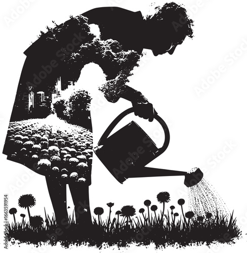 Silhouette of a person watering a garden filled with flowers, a tranquil scene depicted