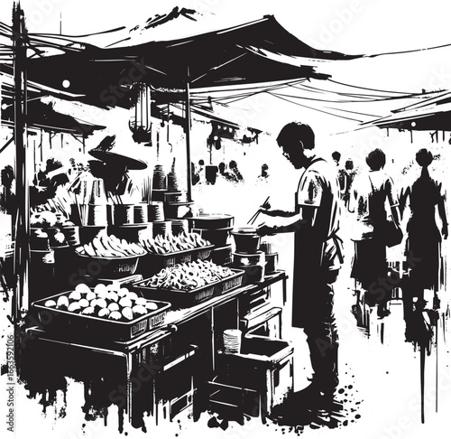 Monochrome Sumi-e Illustration of Street Food Vendor at Asian Ma
