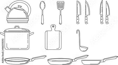 Kitchen utensil and cookware set including kettle, knives, pots, pans, spatula, ladle, and cutting board for cooking design use