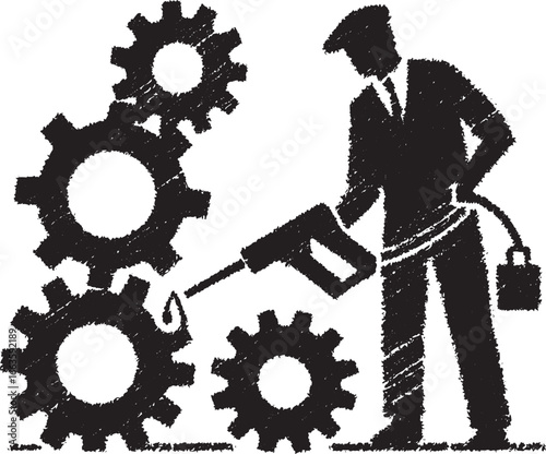 Illustration of a worker lubricating gears with oil representing industrial maintenance