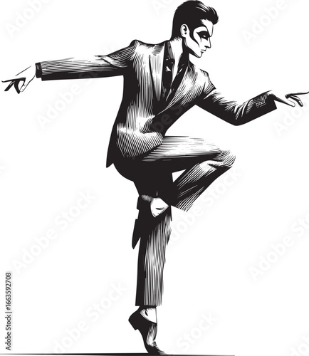 Stylized man in suit and makeup balancing pose in sumi-e brush s