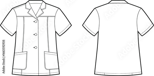 CAD drawing flat vector illustration of short sleeve button-up shirt, front and back views, collar and button closure design, structured garment layout, professional fashion template mockup