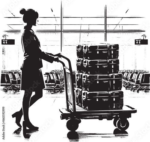 Monochrome minimalist illustration of a traveler pushing luggage