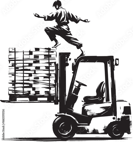 Precarious balance: Sumi-e illustration of a man on a forklift i